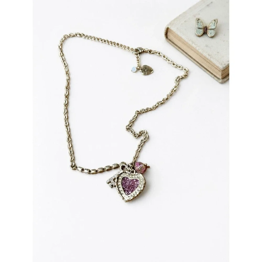 Vintage Betsey Johnson Rhinestone Key Heart Necklace Gold Glitter Puffy Charm